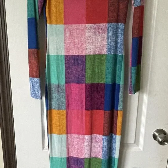 Multicolor Patchwork Color Block Long Sleeve Bodycon Maxi Dress – (Size Large) - Picture 3 of 5